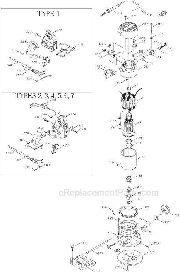 Page A Diagram and Parts List for Type 1 Porter Cable Router